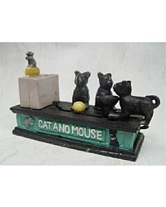 Gietijzeren mechanische spaarpot Kat en Muis