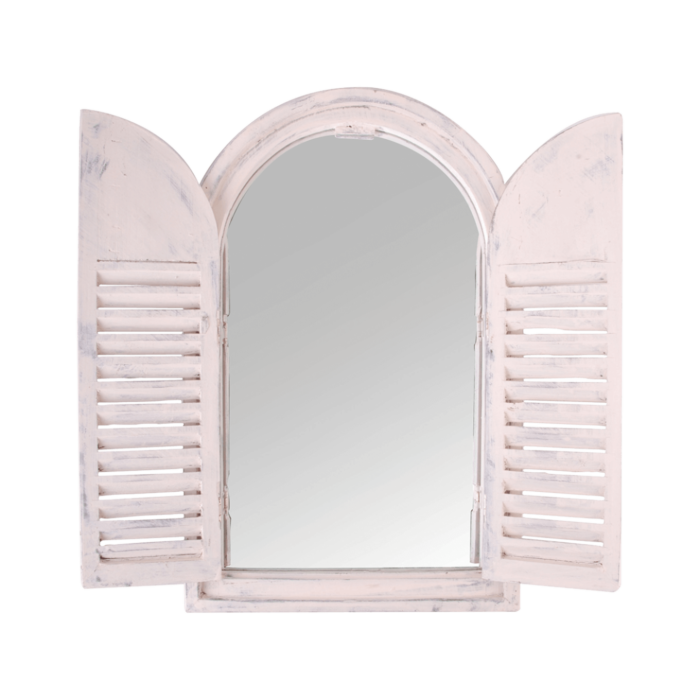 Spiegelkozijn met houten deurtjes wit
