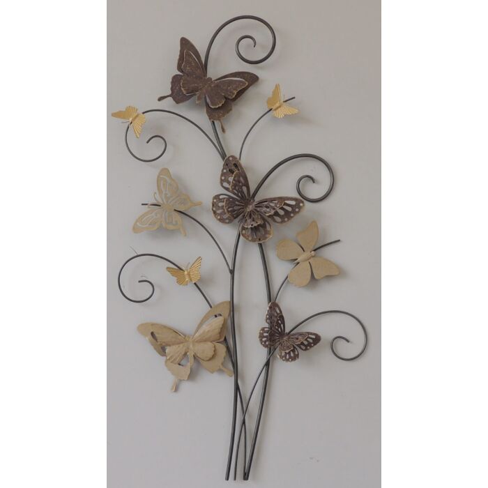 Wanddecoratie metaal tak met bruine vlinders
