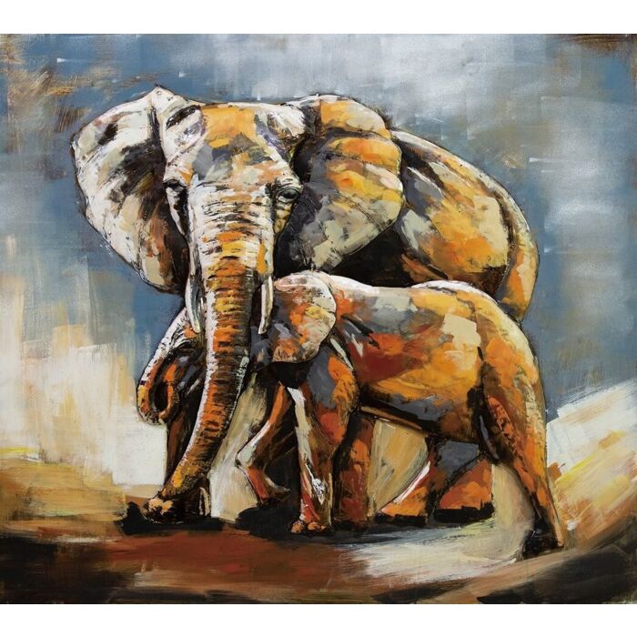 Wandschilderij metaal Moeder olifant met jong