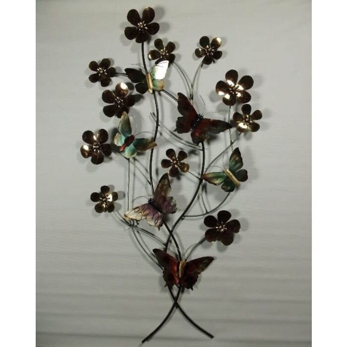 Wanddecoratie metaal vlinder met bloemen