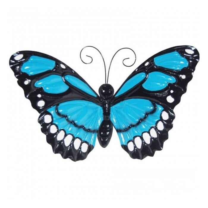 Wanddecoratie Blauwe vlinder van metaal met bewegende vleugels