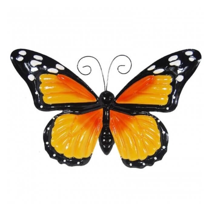 Wanddecoratie metalen vlinder oranje met bewegende vleugels