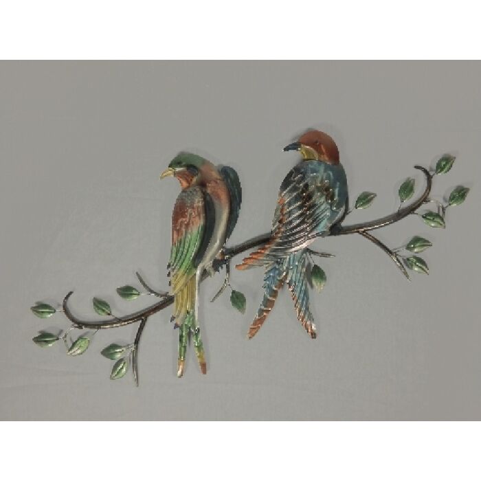 Metalen wanddecoratie twee gekleurde vogels