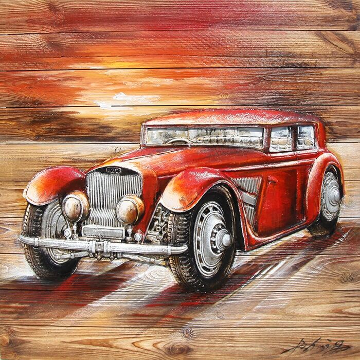 Wandschilderij hout rode Oldtimer kopen | DecoAction