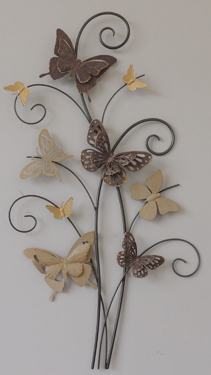 Wanddecoratie metaal tak met bruine vlinders