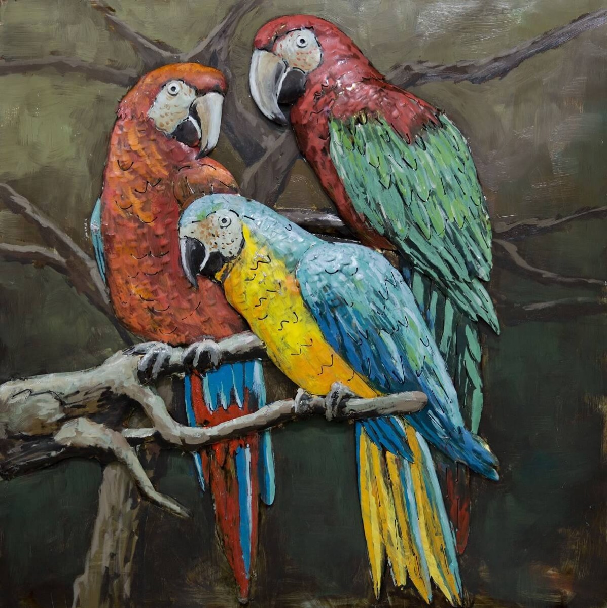 3D Metaal schilderij papegaaien