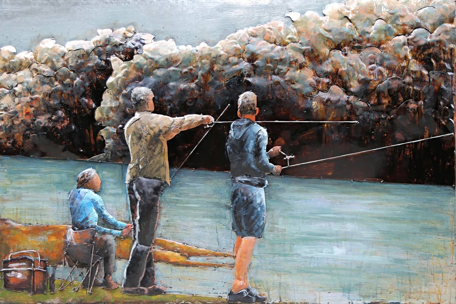 Wanddecoratie metaal vissers bij het meer